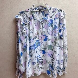 Halogen Floral XL Women Tie Neck Smocked Ruffle Boho Light Feminine Romantic Top